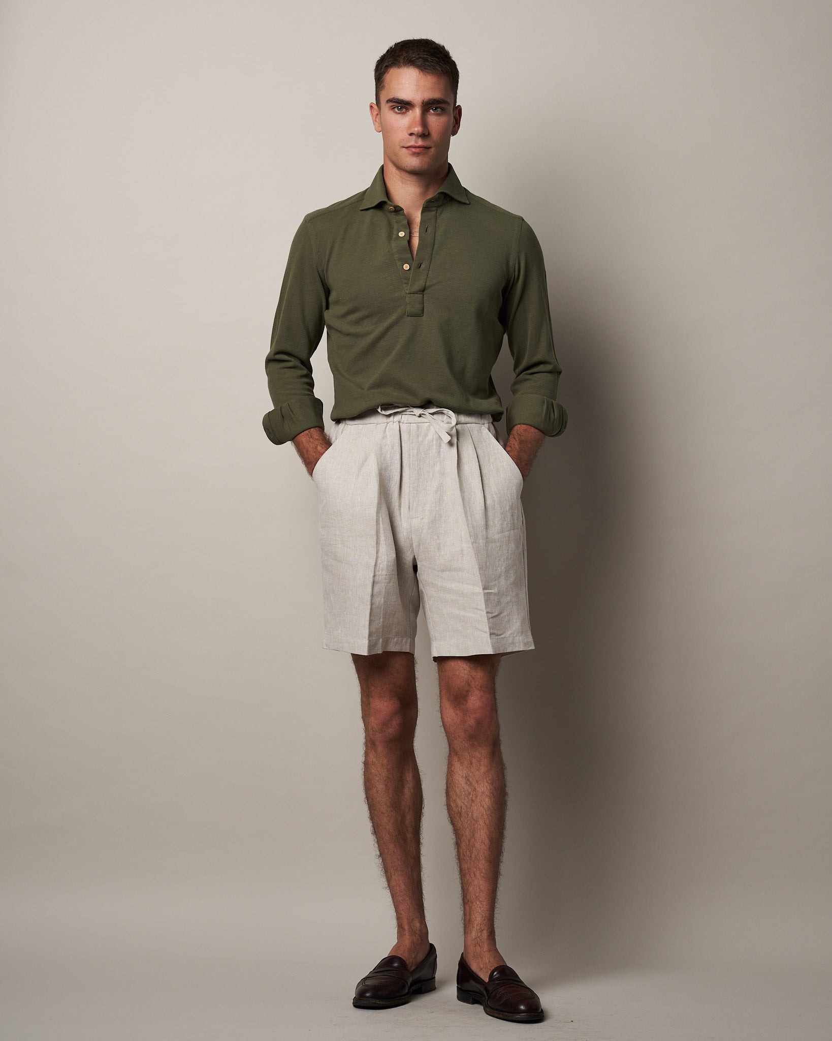 S005 Linen Drawstring Shorts - Stone