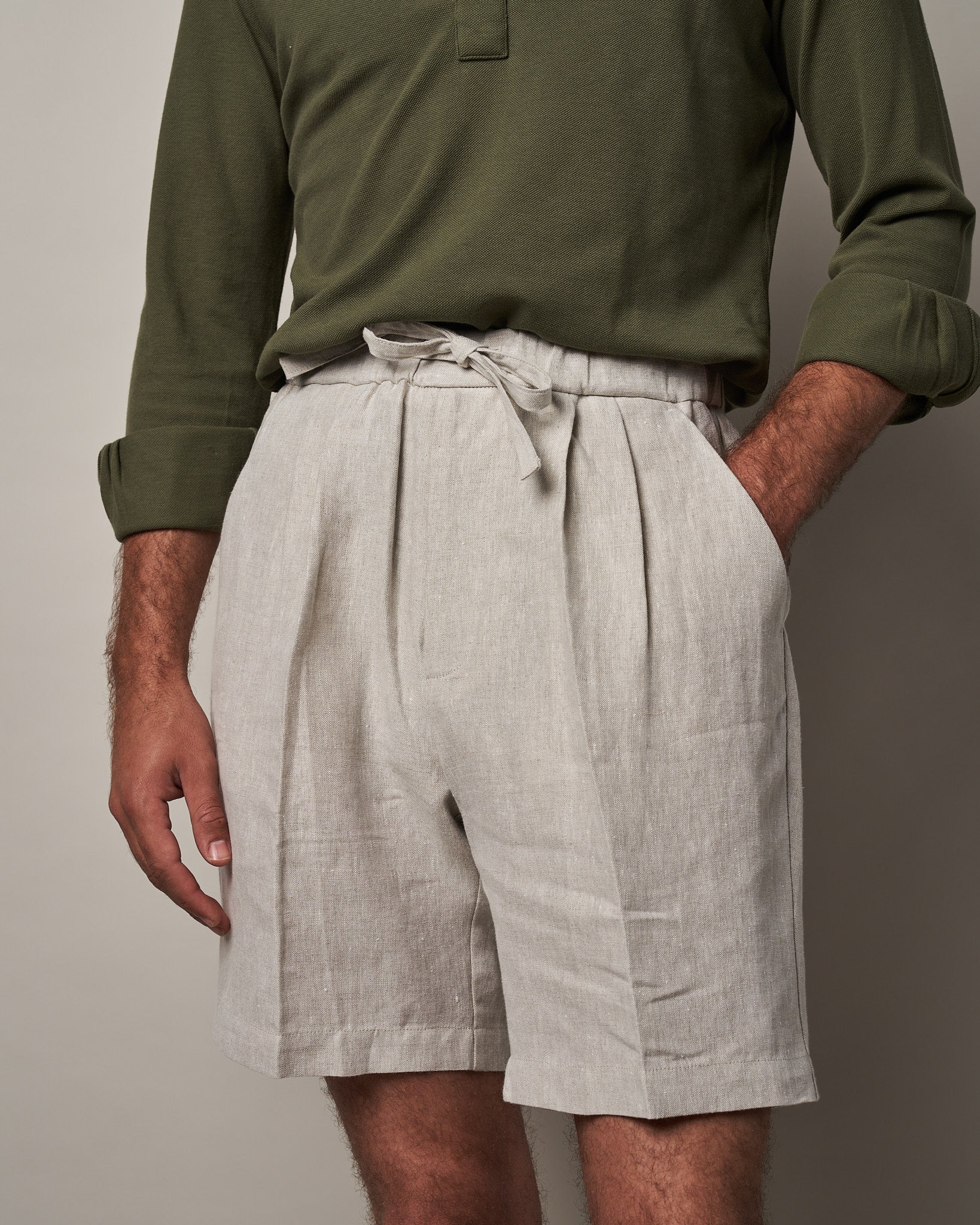 S005 Linen Drawstring Shorts - Stone